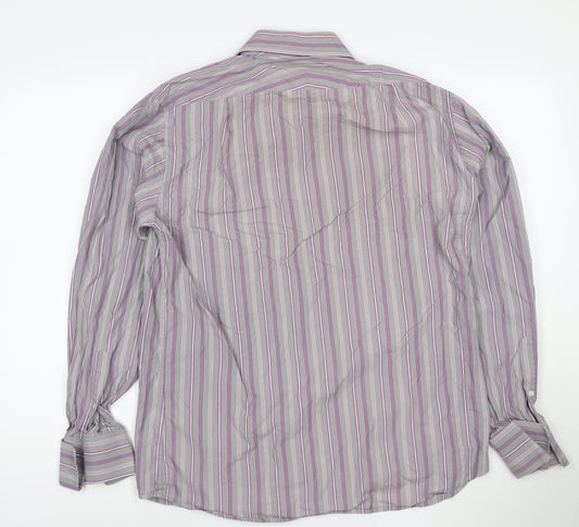 Jaeger Men's Grey Classic Fit Striped Button-Up Shirt Size 15
