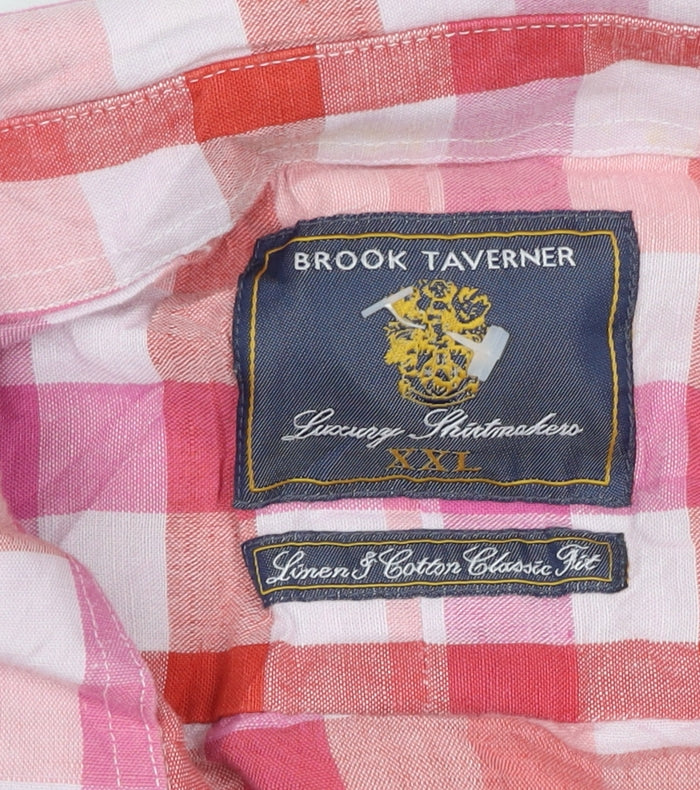 Brook Taverner Men's Pink Check Linen Cotton Short Sleeve Shirt XXL