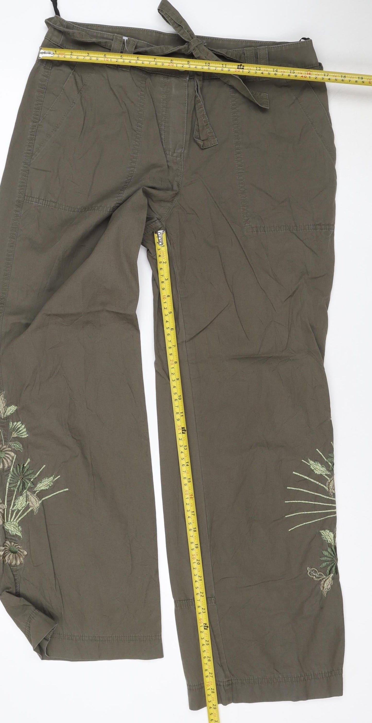 Marks and Spencer Women Khaki Embroidered Cotton Cargo Trousers UK 14