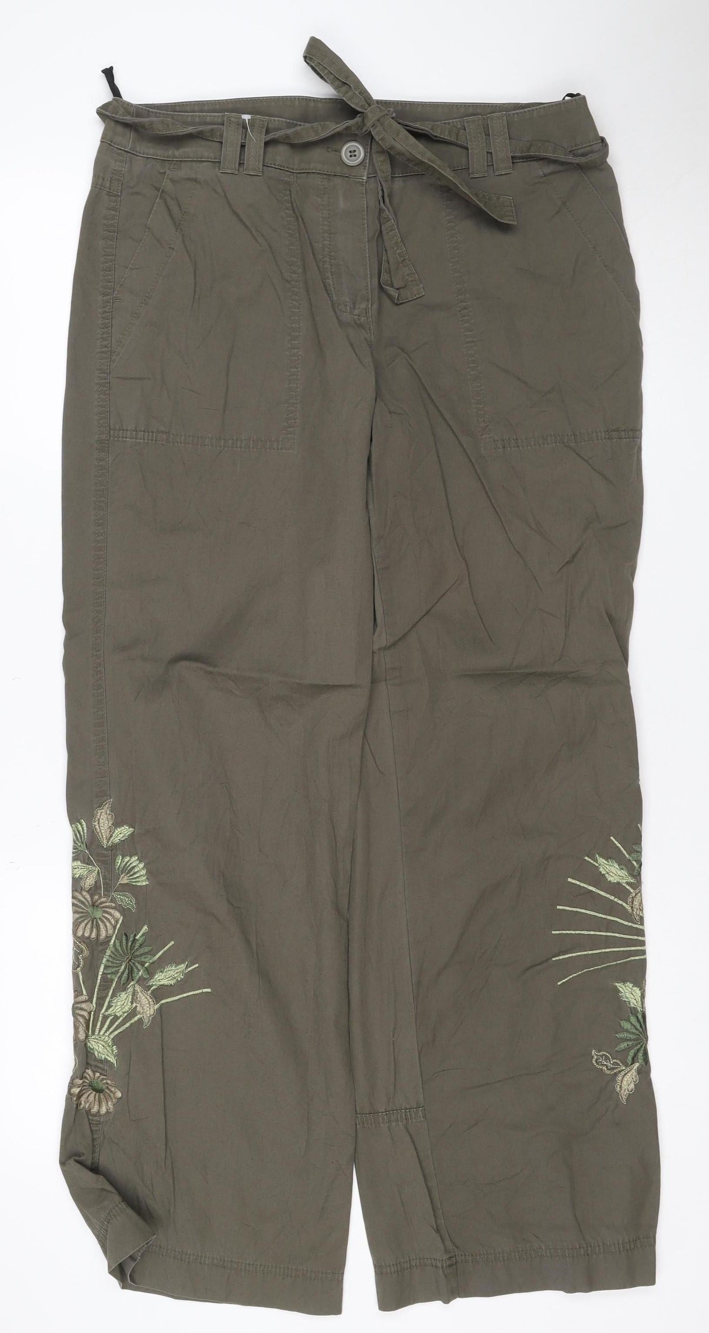 Marks and Spencer Women Khaki Embroidered Cotton Cargo Trousers UK 14