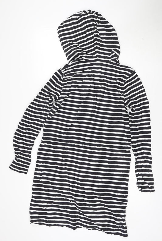 Lands' End Women's Black Striped Cotton Hooded T-Shirt Dress S