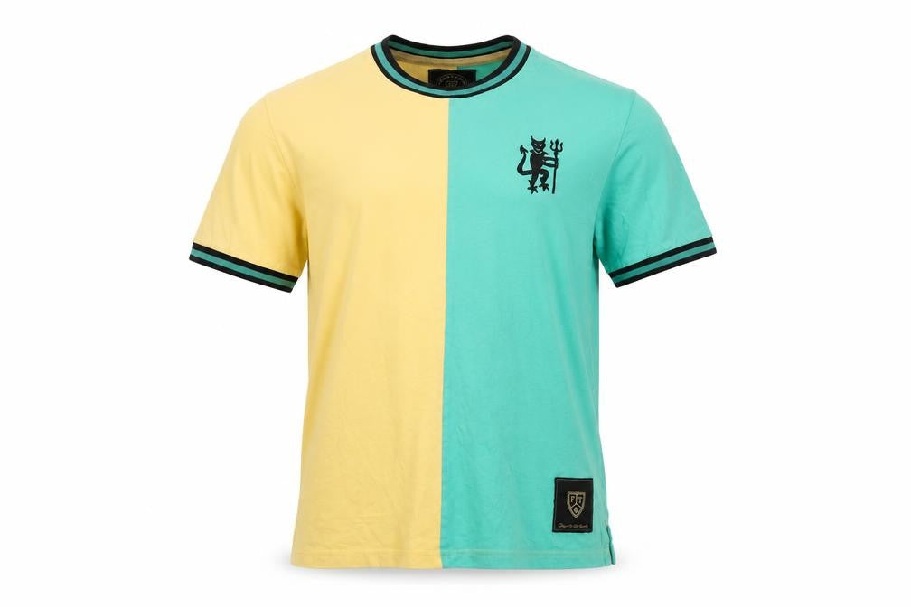 Front view of Football Town Men's Yellow Green Colourblock Cotton T-Shirt M