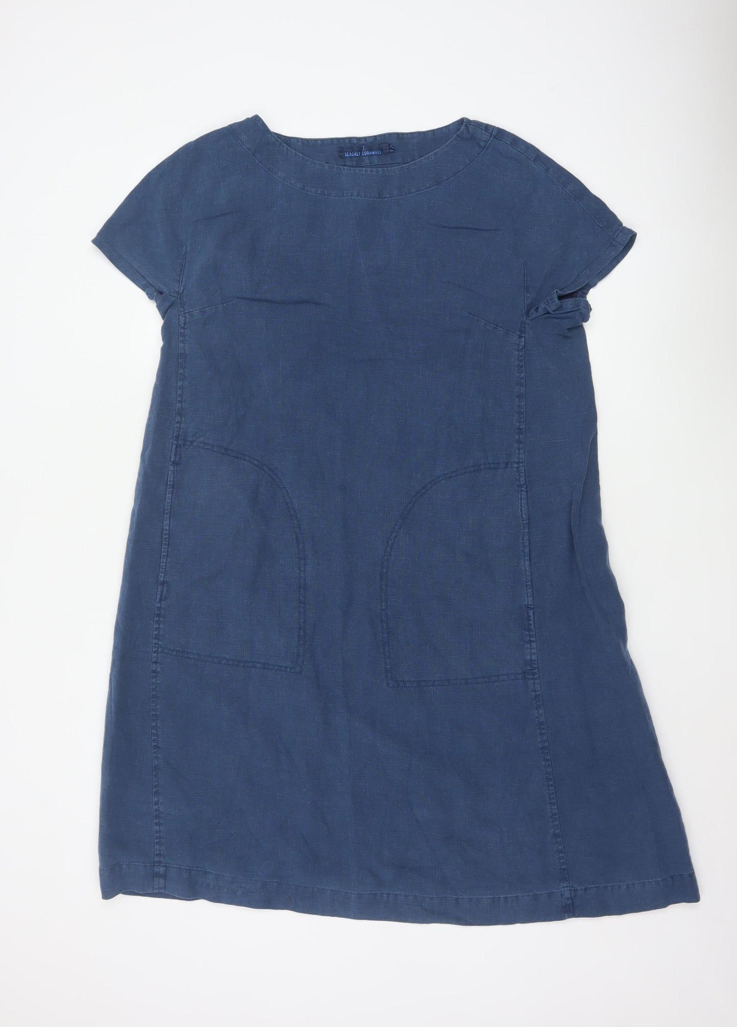 Seasalt Cornwall Women Blue Linen Shift Dress Size 14 Short Sleeve