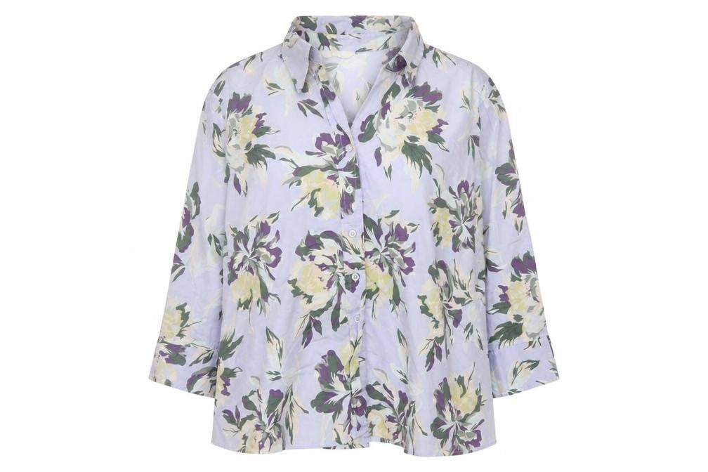Marks and Spencer Women's Floral Blouse Blue Multi UK 18 Cotton 3/4 Sleeve
