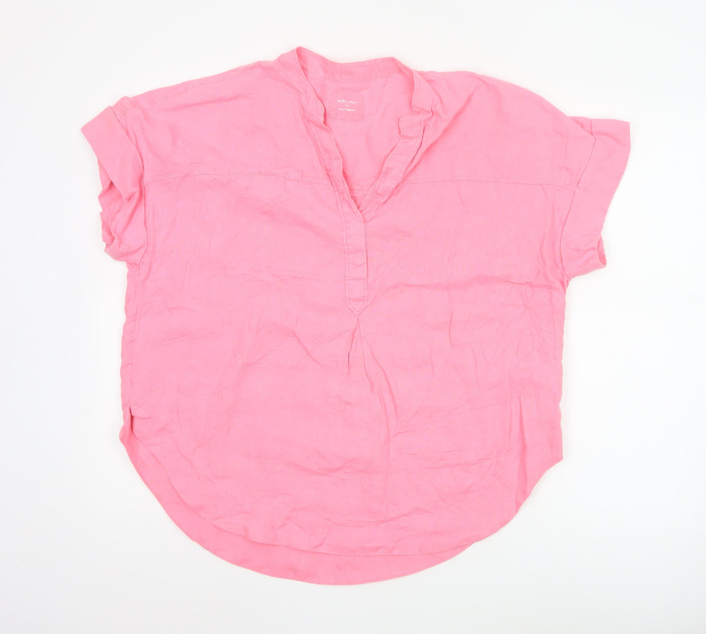 Marks and Spencer Women Pink Linen V-Neck Short Sleeve Blouse Size 14