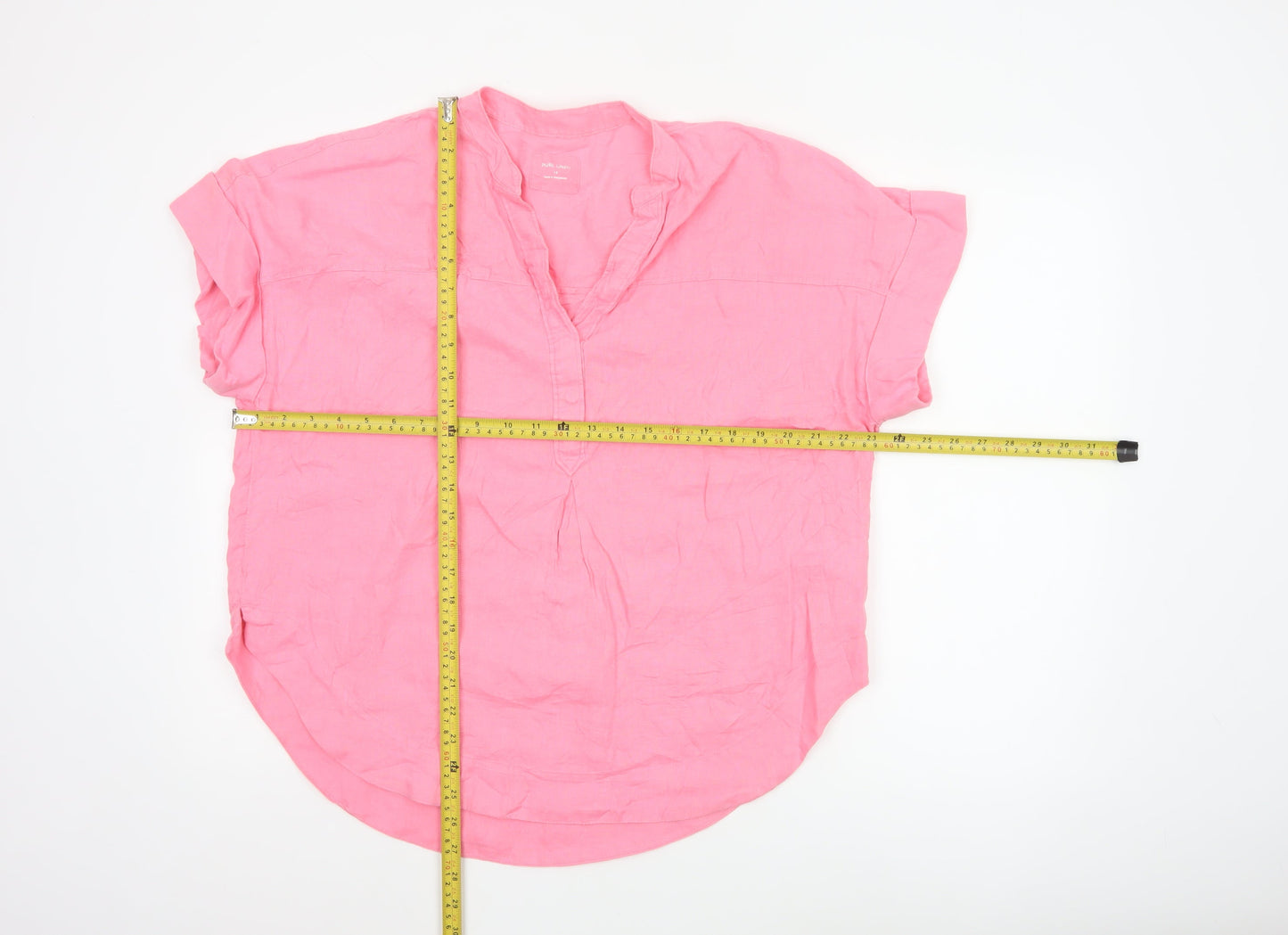 Marks and Spencer Women Pink Linen V-Neck Short Sleeve Blouse Size 14