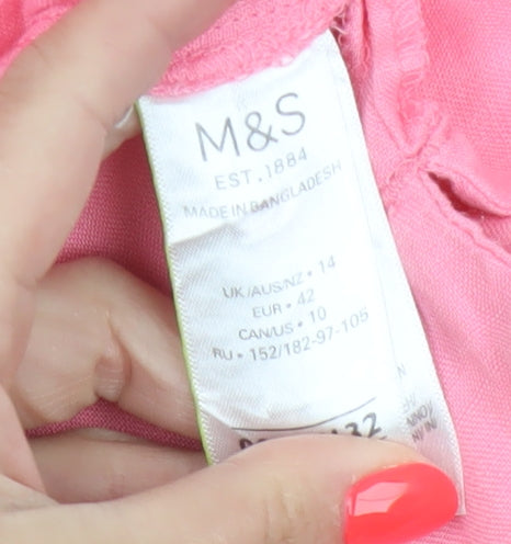 Marks and Spencer Women Pink Linen V-Neck Short Sleeve Blouse Size 14