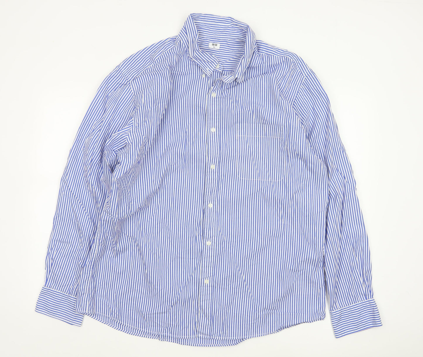 Uniqlo Men Blue Striped Long Sleeve Button-Up Shirt Size 2XL