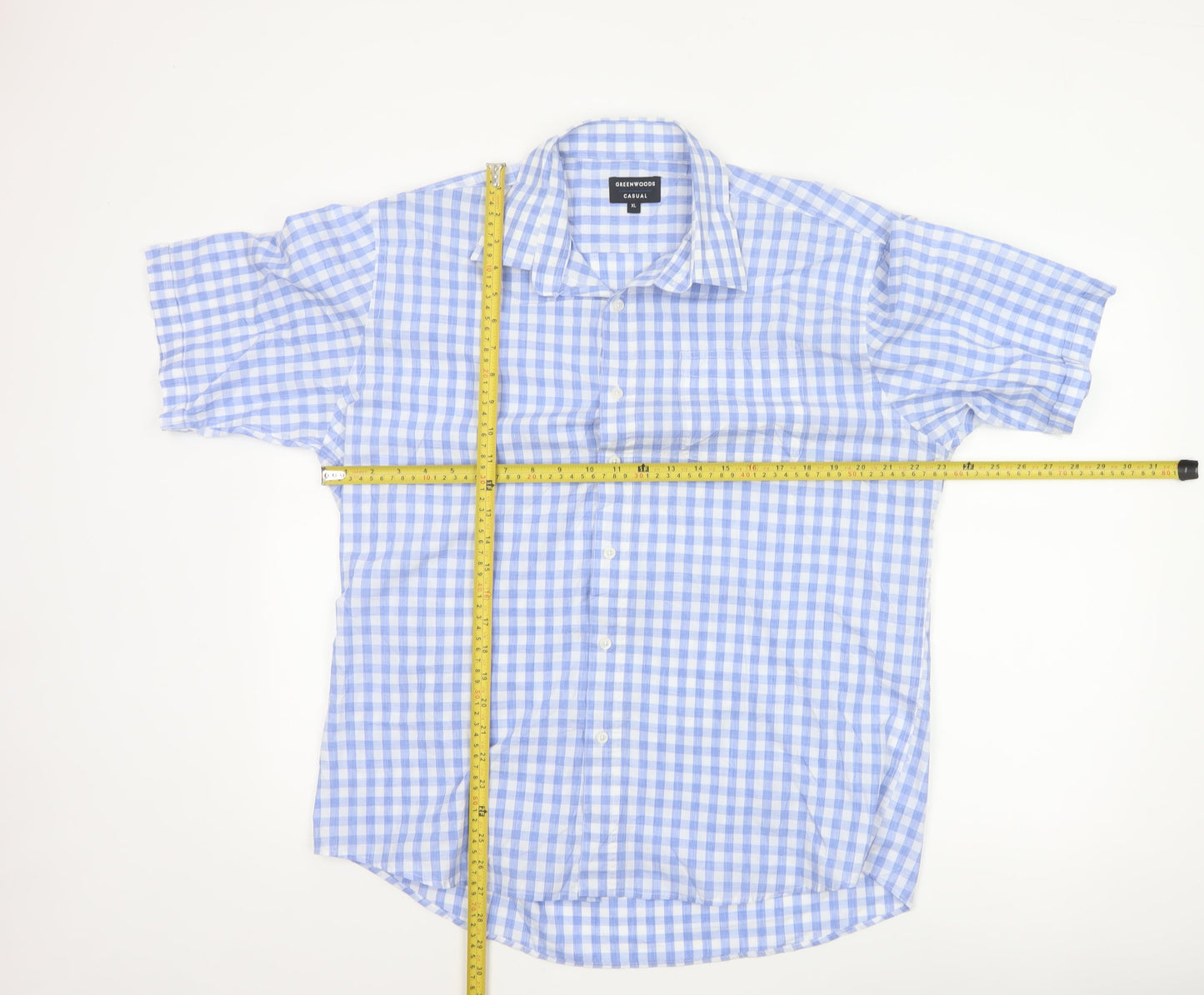 Greenwoods Men Blue Check Short Sleeve Button-Up Shirt XL