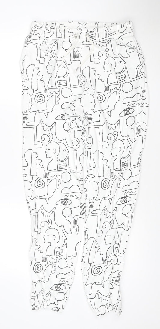 Monki Women White Abstract Print Cotton Jogger Trousers Size S