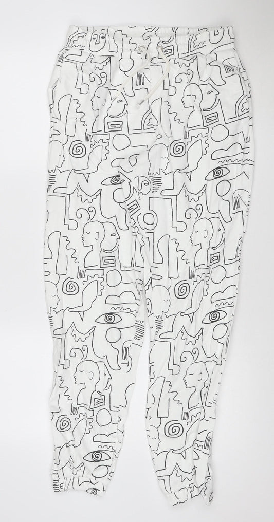 Monki Women White Abstract Print Cotton Jogger Trousers Size S