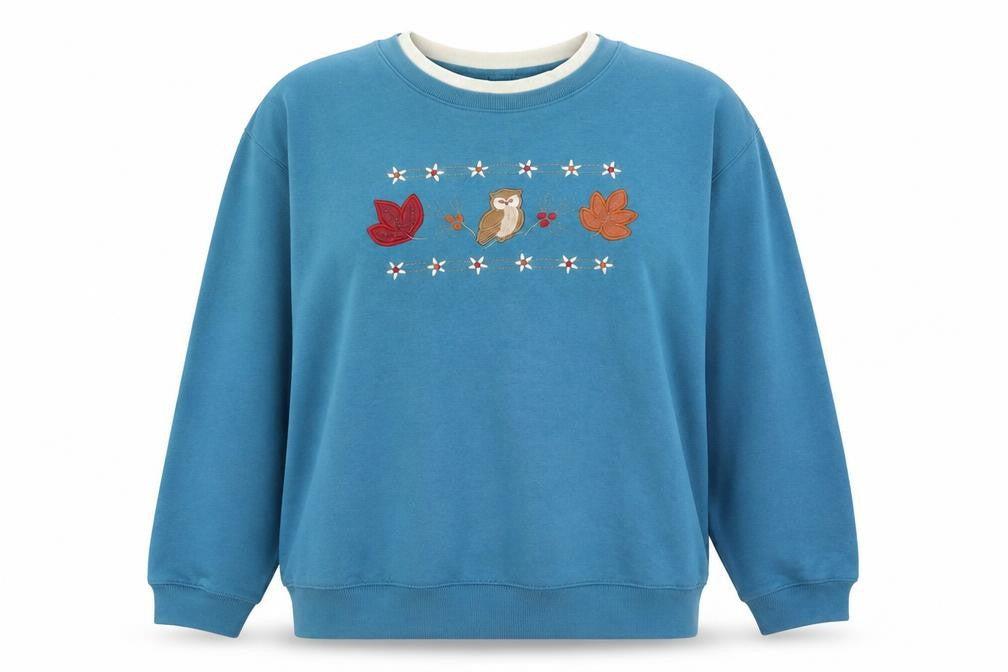Classic Elements Women Blue XL Pullover Sweatshirt Owl Embroidered Cotton Blend