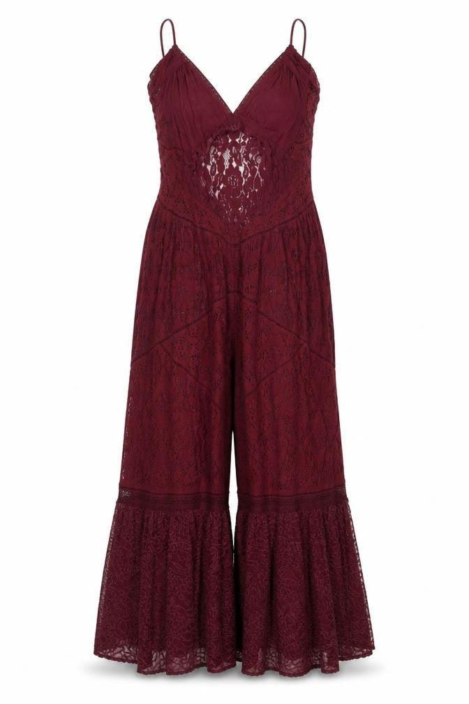 Free People Women's Burgundy Lace Wide-Leg Jumpsuit Size M