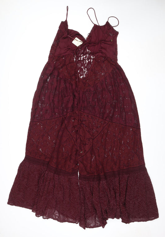Free People Women's Burgundy Lace Wide-Leg Jumpsuit Size M