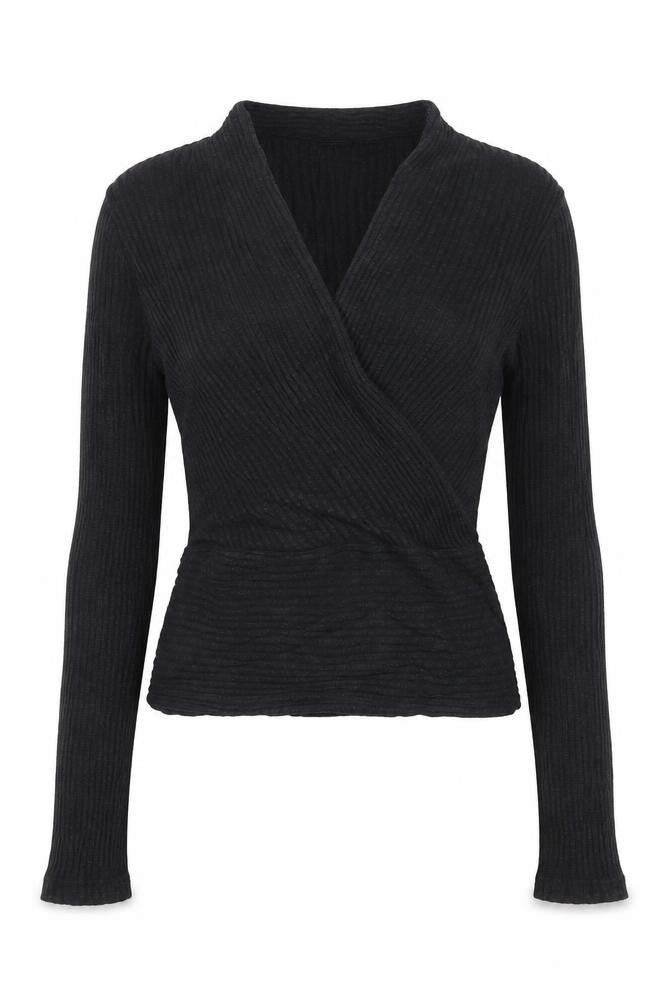 Bershka Women's Black Wrap Knit Long Sleeve Blouse Size S