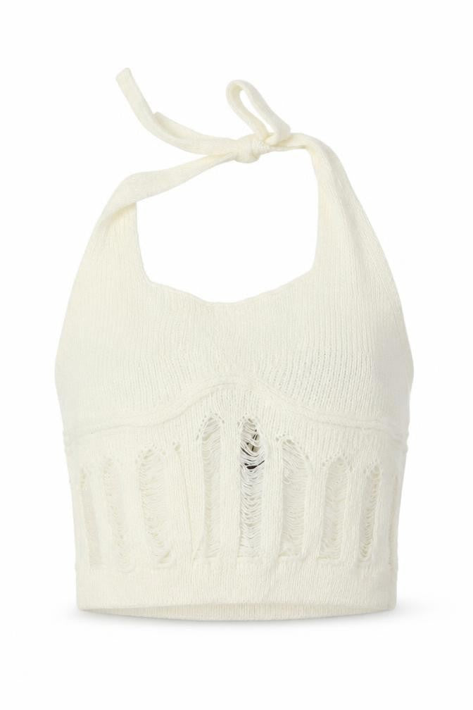 Boohoo Women Ivory Knit Halter Cropped Tank Top M