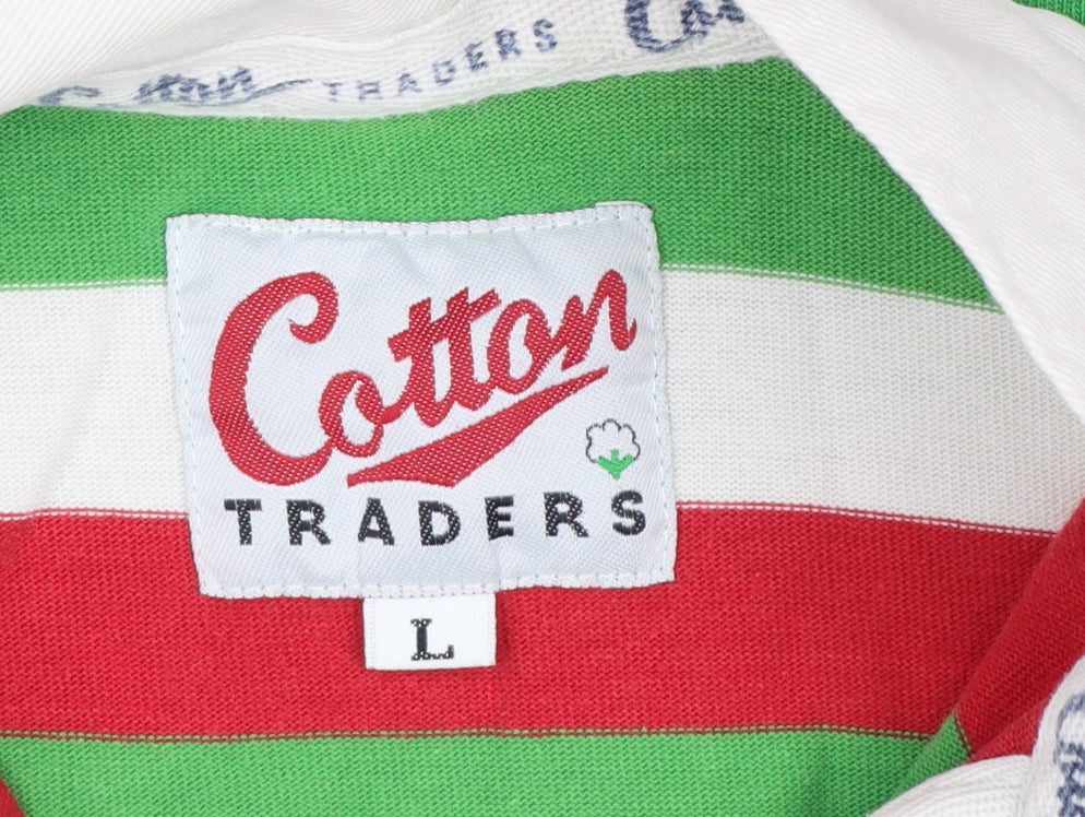 Cotton Traders Men's Green Red Striped Long Sleeve Rugby Polo Shirt L