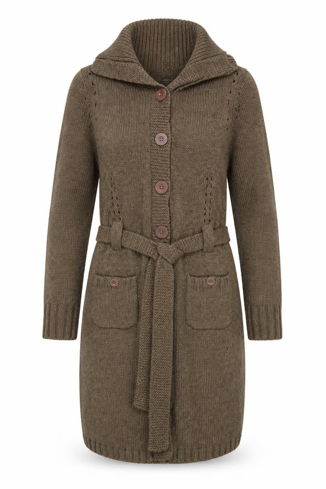 Marks & Spencer Women’s Brown Belted Long Cardigan UK 12 Roll Neck Knit