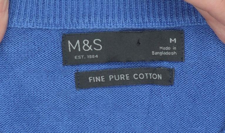 Marks and Spencer Men's Blue Pure Cotton V-Neck Jumper M
