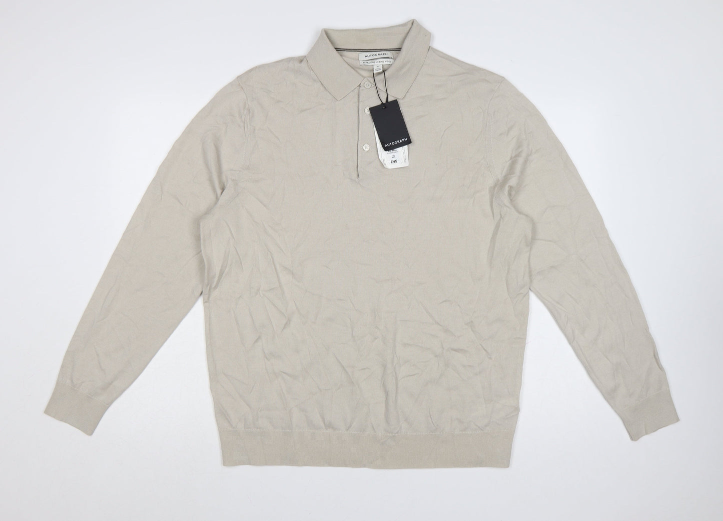 Marks and Spencer Men’s Beige Merino Wool Collared Pullover Jumper XL