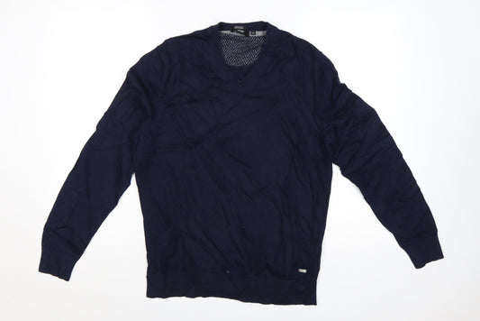 Hugo Boss Men's Blue V-Neck Cotton Wool Jumper M Regular Fit