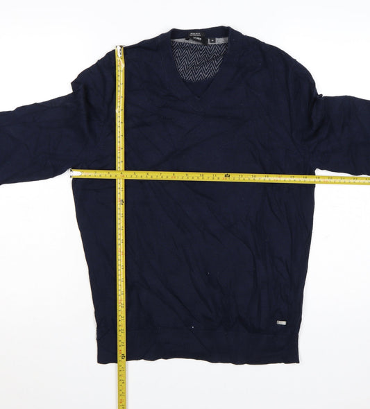 Hugo Boss Men's Blue V-Neck Cotton Wool Jumper M Regular Fit