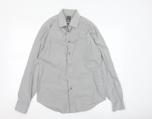 Calvin Klein Men's Grey Slim Fit Striped Long Sleeve Button-Up Shirt 15.5