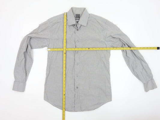 Calvin Klein Men's Grey Slim Fit Striped Long Sleeve Button-Up Shirt 15.5