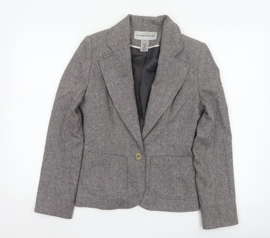 Warehouse Women’s Grey Herringbone Wool Blend Tailored Blazer UK 10