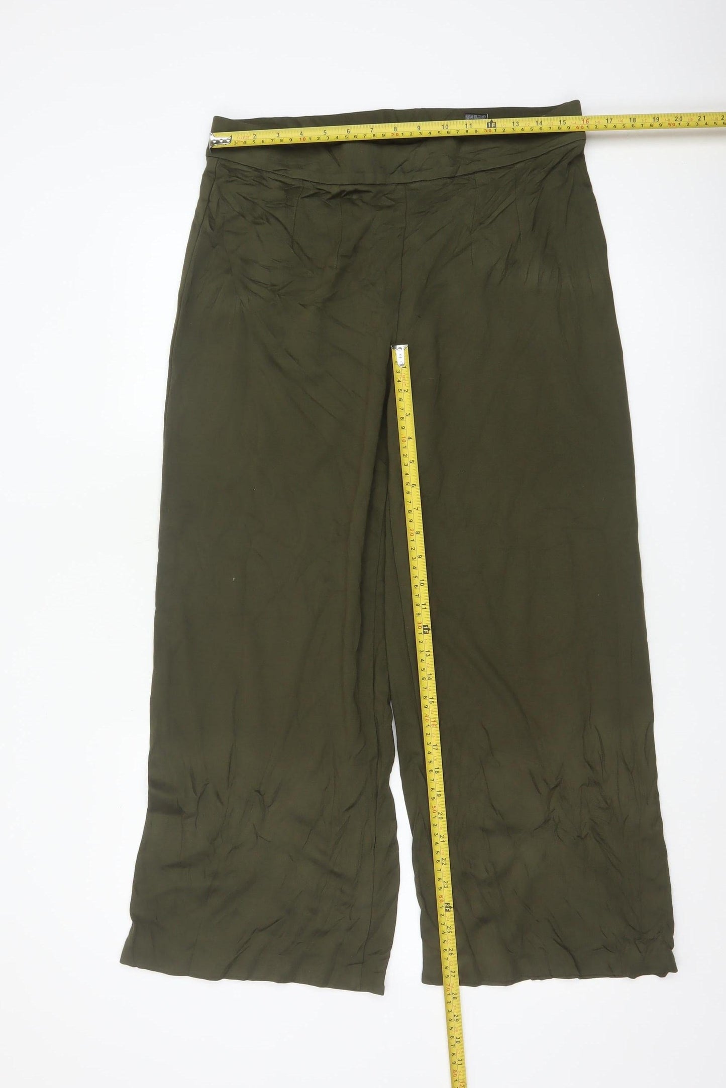 Marks and Spencer Women Olive Green Wide-Leg Viscose Trousers Size 16 Short