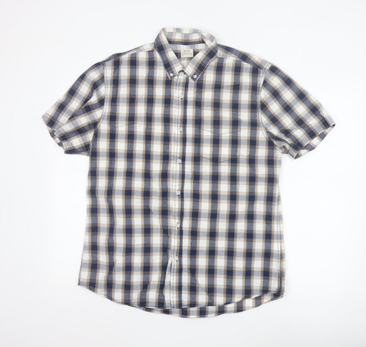 ACW85 Men's Blue Check Short Sleeve Button-Up Cotton Shirt L
