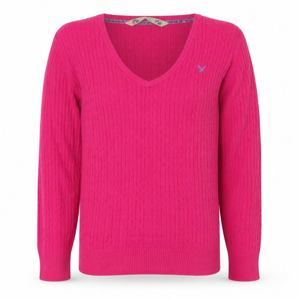 Crew Clothing Co. Women's Pink V-Neck Cotton Cable Knit Jumper Size 16