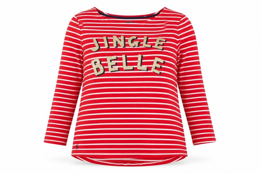 Joules Women's Red Striped Sequin Christmas Long Sleeve Cotton Top Size 14