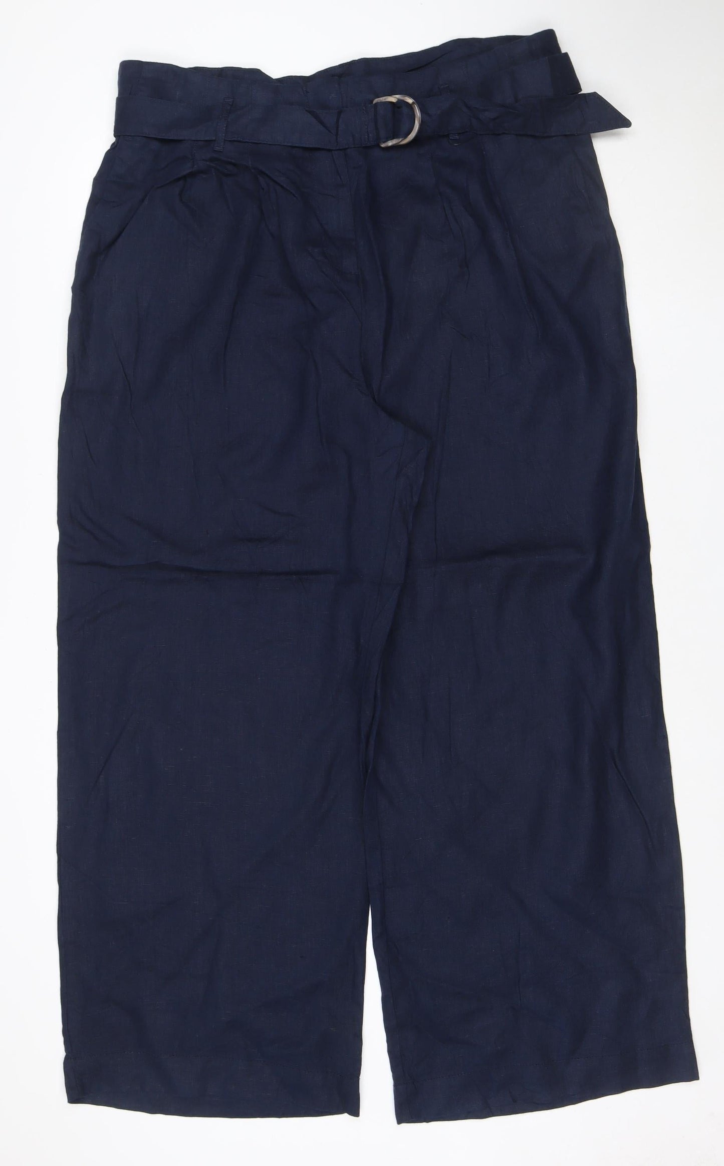 Marks and Spencer Womens Blue Linen Cropped Wide-Leg Belted Trousers Size 20