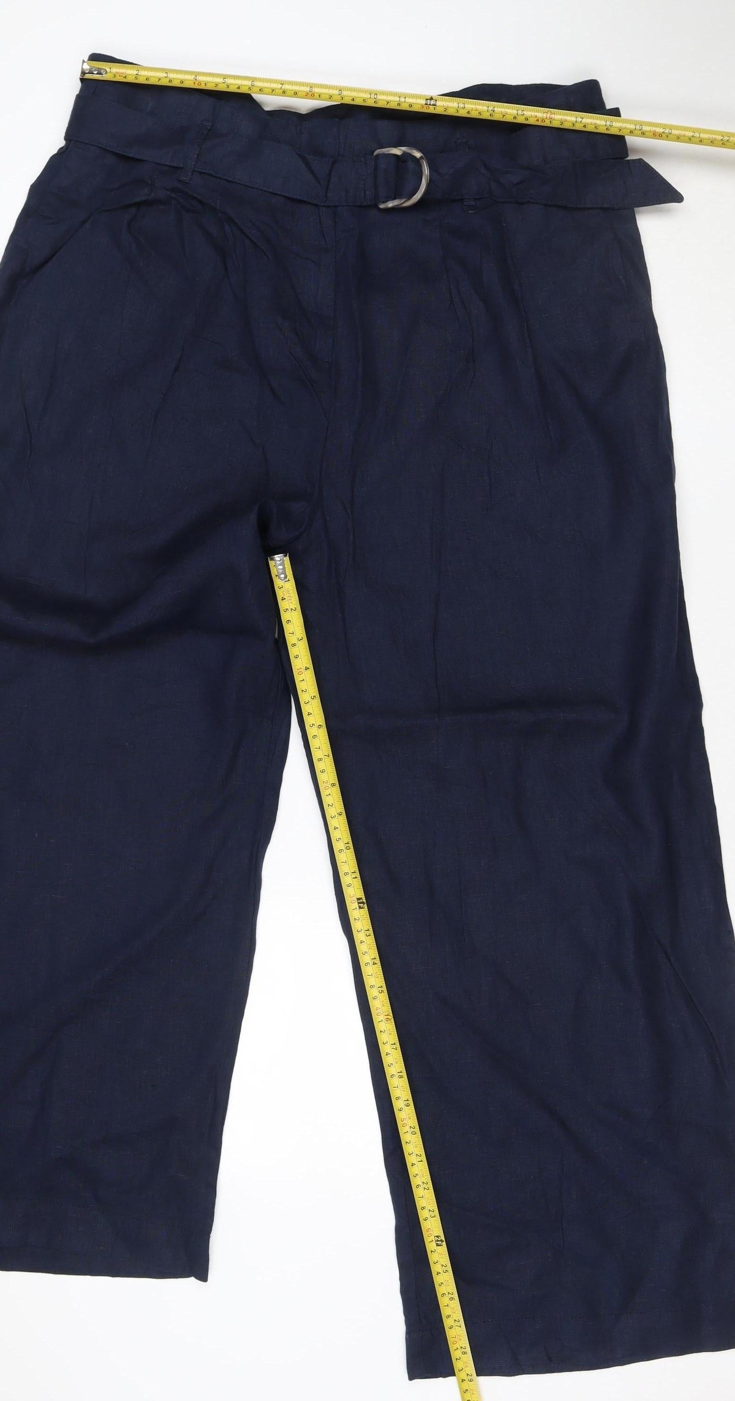 Marks and Spencer Womens Blue Linen Cropped Wide-Leg Belted Trousers Size 20