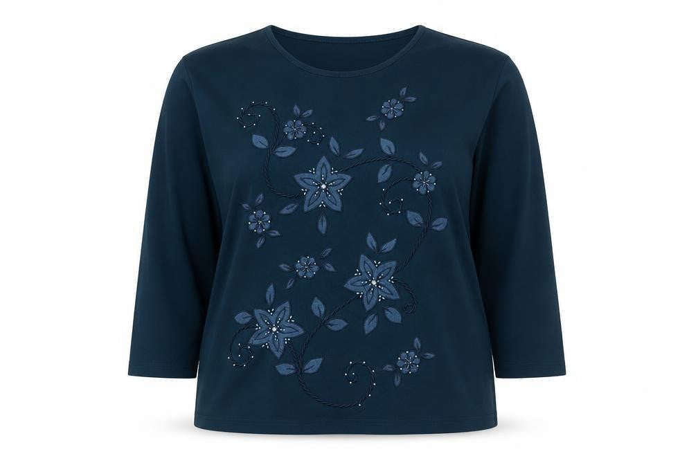 Evy! Women's Blue 3XL Floral Beaded 3/4 Sleeve T-Shirt