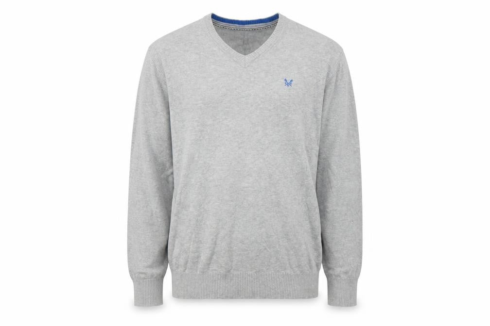 Crew Clothing Men's Grey Cotton V-Neck Jumper Size L