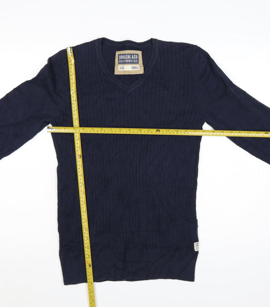 SoulCal & Co Men's Blue Cotton V-Neck Cable Knit Jumper Small