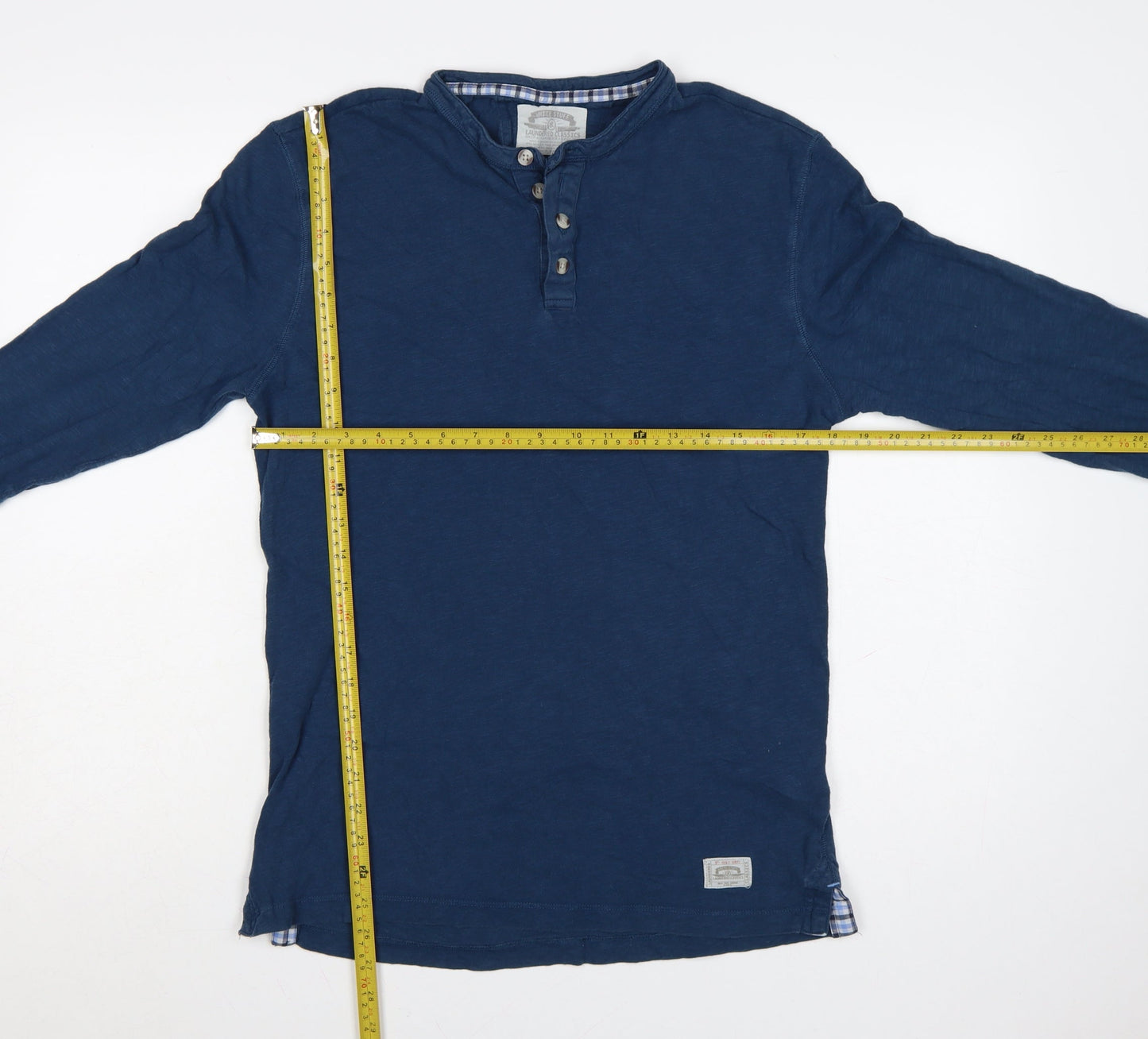 White Stuff Men's Blue Henley Long Sleeve Cotton T-Shirt Medium