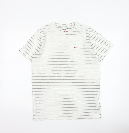 Tommy Jeans Men’s White Striped Cotton Crew Neck Short Sleeve T-Shirt M