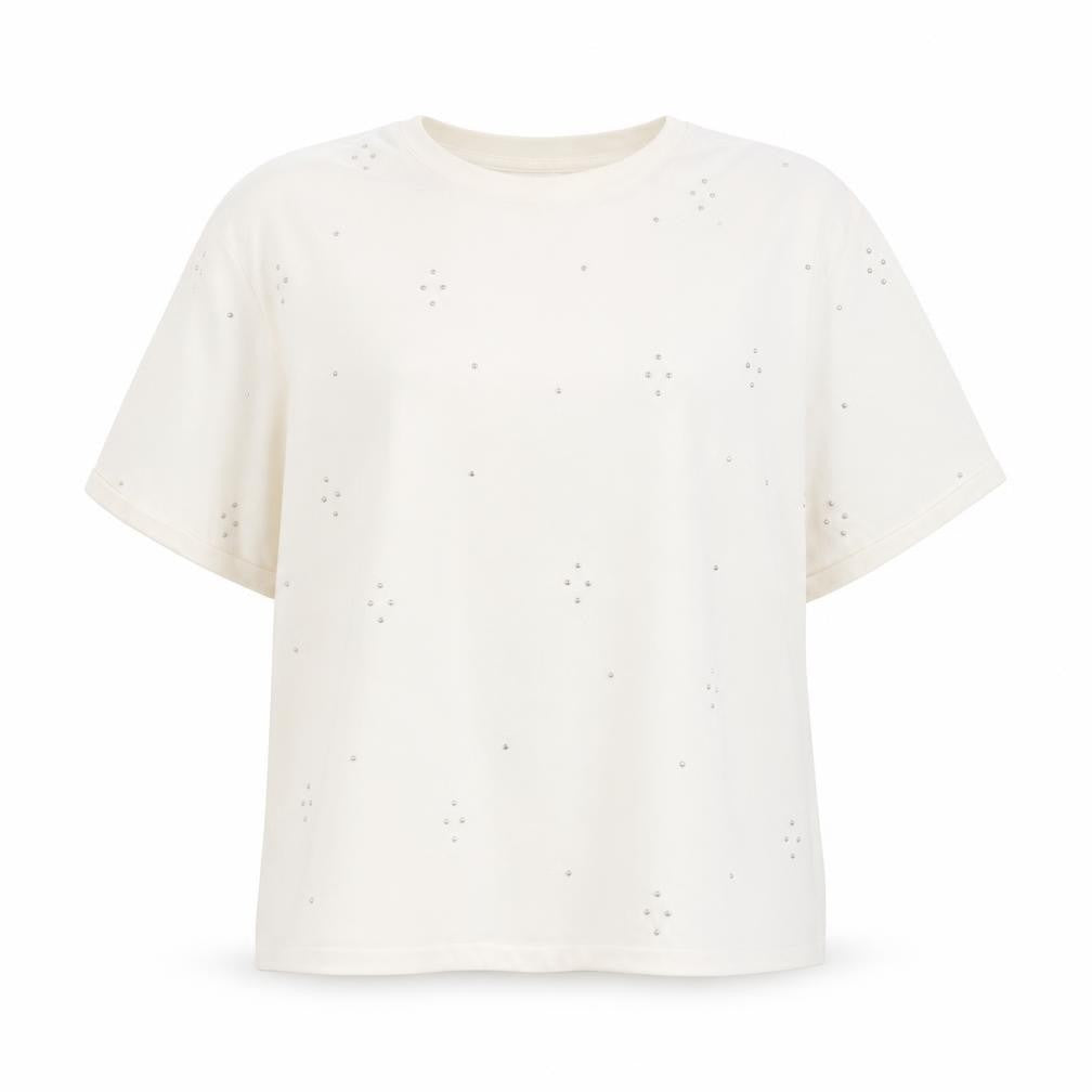 Marks & Spencer Women Ivory Rhinestone Cotton T-Shirt Size 14