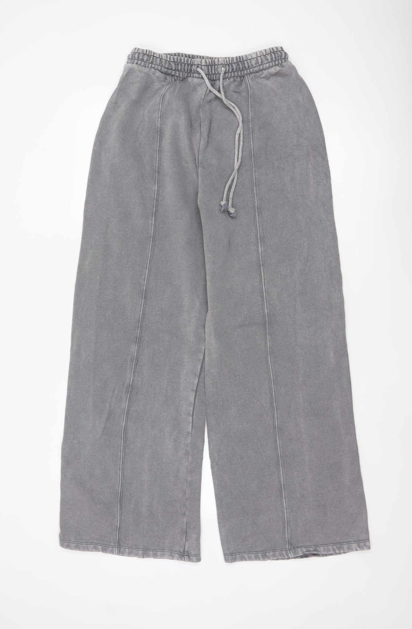 Zara Women Grey Wide-Leg Trousers Size S Cotton Blend Drawstring Waist