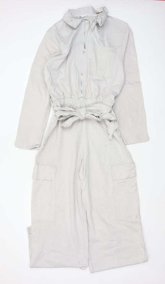 Zara Women Ivory Lyocell Collared Belted Long Sleeve Jumpsuit Size 12