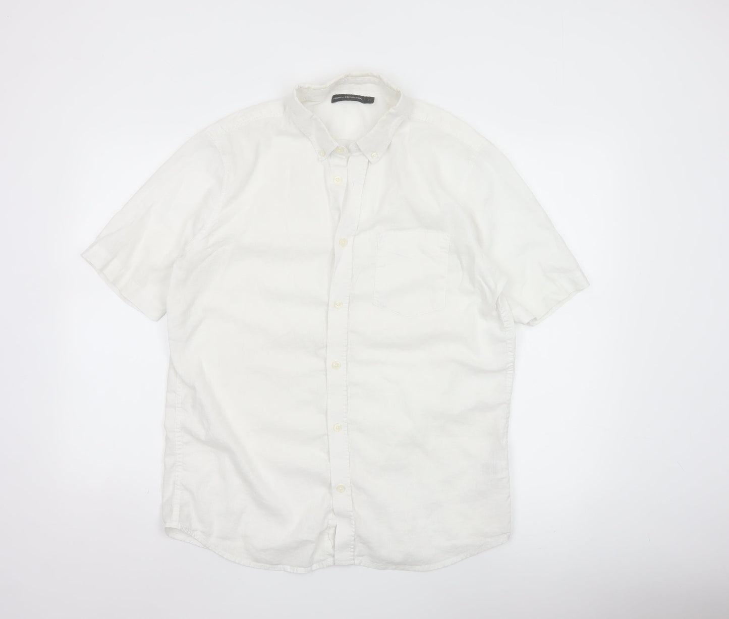 French Connection Men's White Linen Cotton Short Sleeve Shirt L