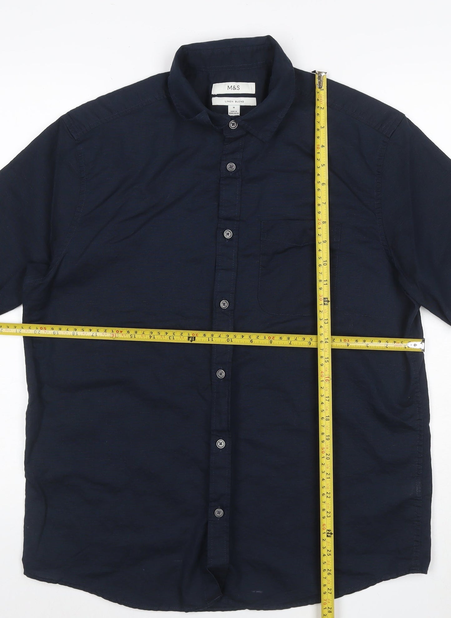 Marks and Spencer Men's Blue Linen Blend Short Sleeve Shirt M