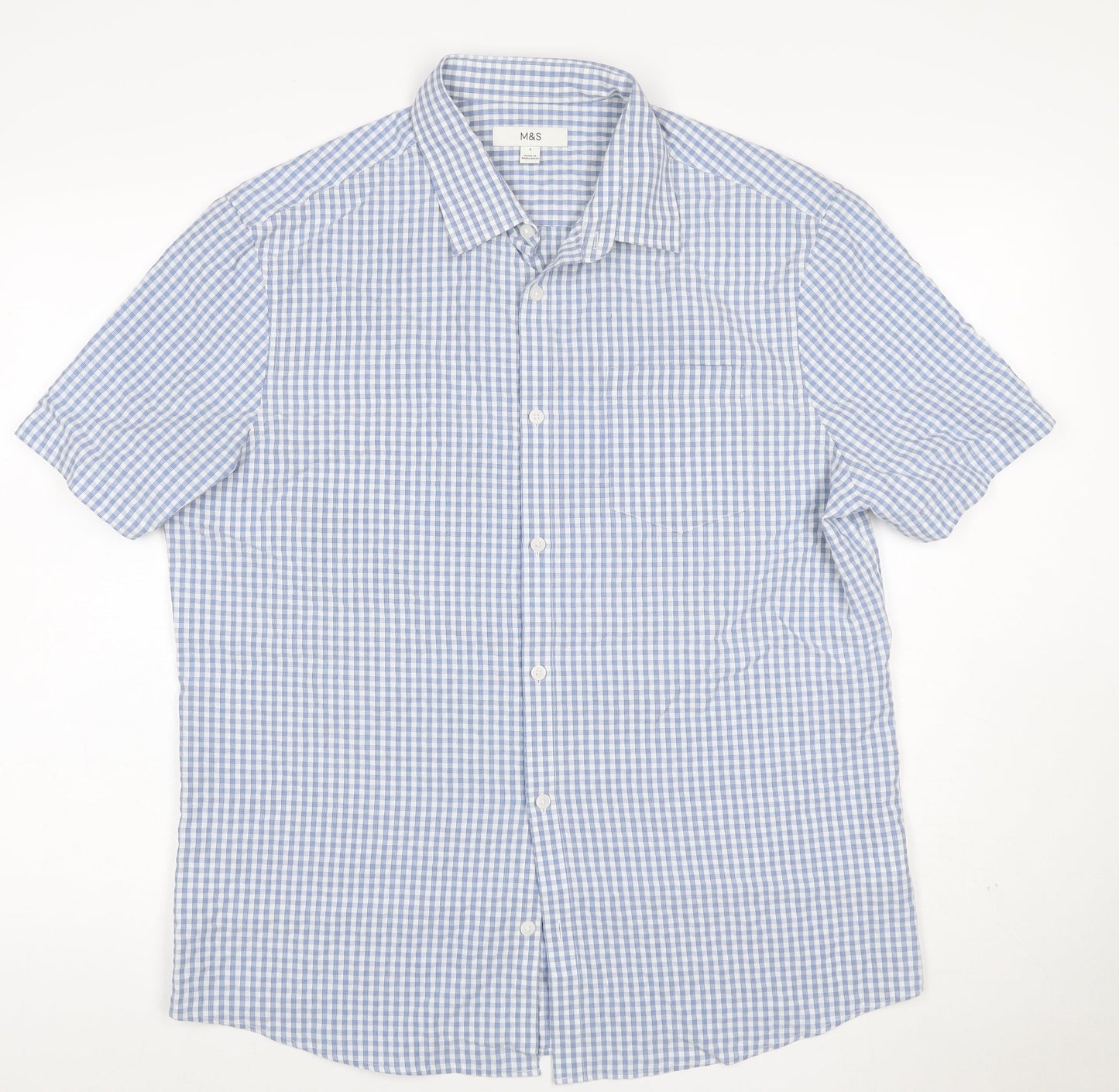 Marks and Spencer Men Blue Check Modal Blend Short Sleeve Shirt L
