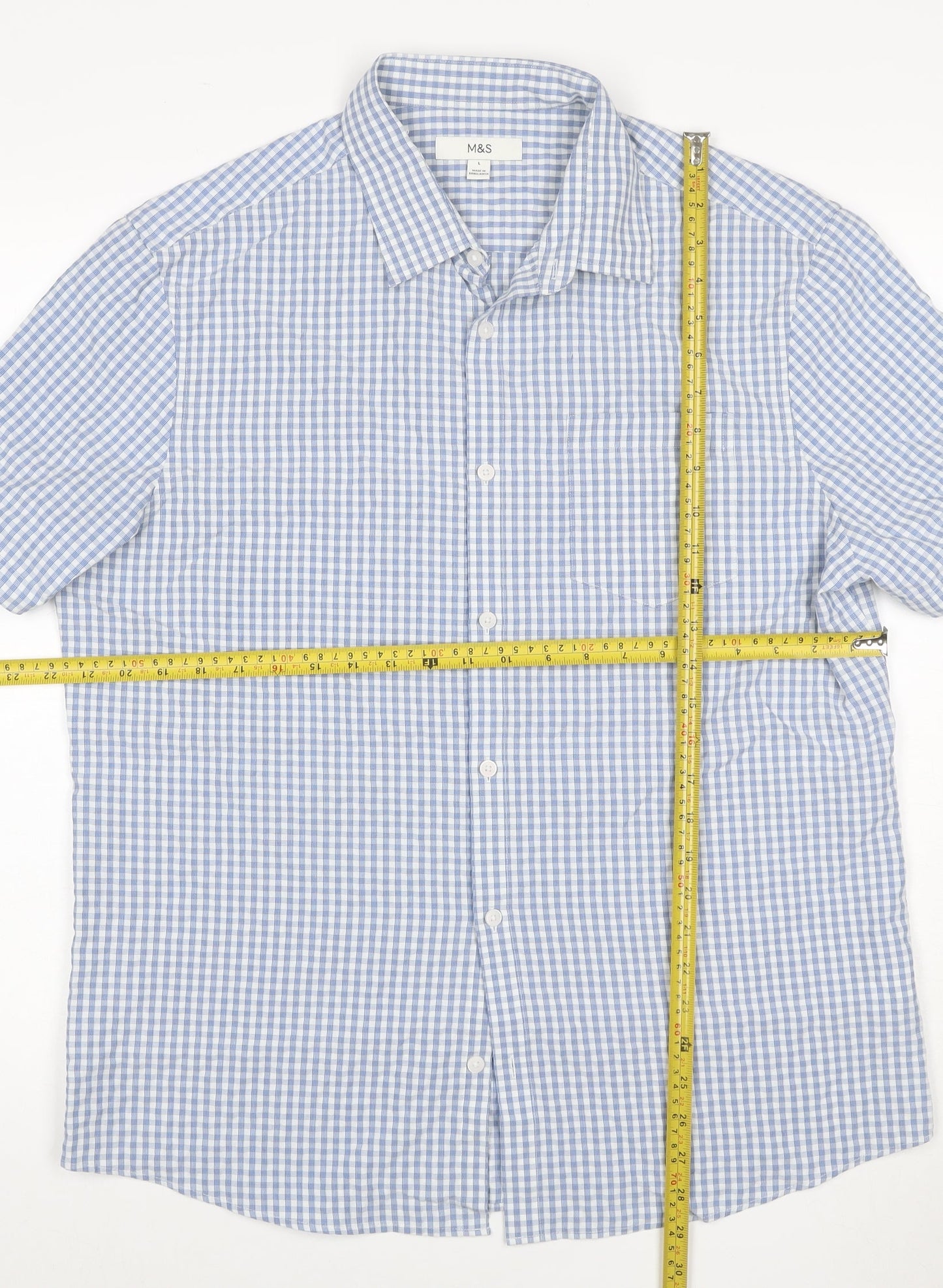 Marks and Spencer Men Blue Check Modal Blend Short Sleeve Shirt L