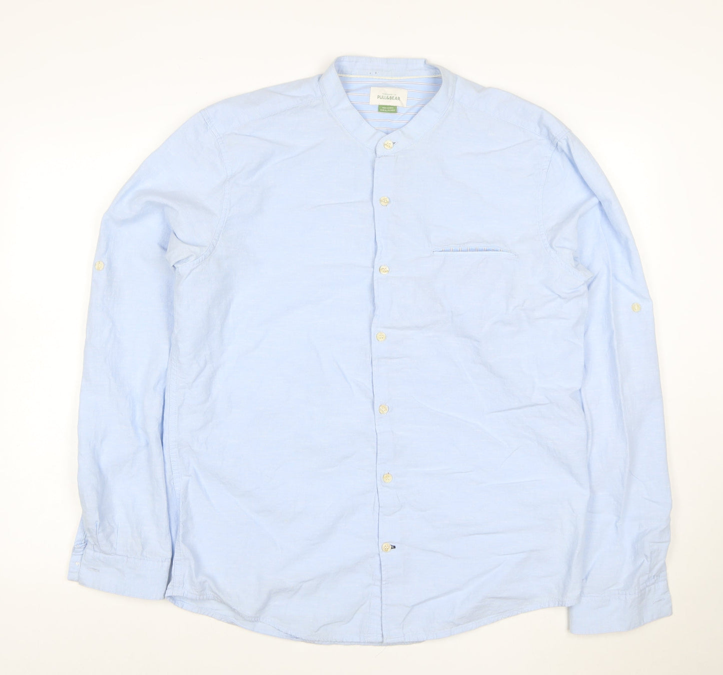 Pull&Bear Men's Blue XL Cotton Linen Band Collar Long Sleeve Shirt