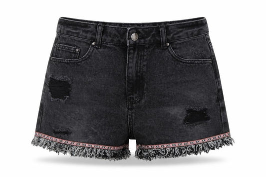Front view of Denim Co. women’s black, size UK 10, cut-off distressed denim shorts