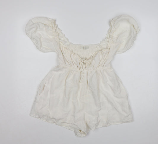 Urban Outfitters Women Ivory Puff Sleeve Playsuit Size S Rayon Blend